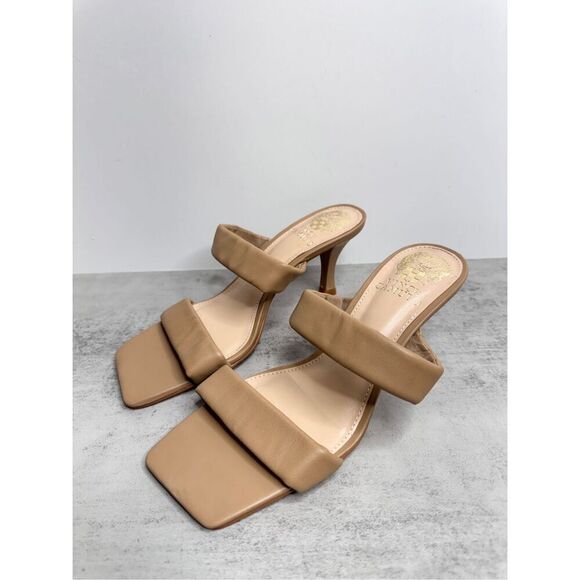 Vince Camuto Sandals Size 6 Brown Leather Double Strap Slide on Heels - Picture 2 of 9